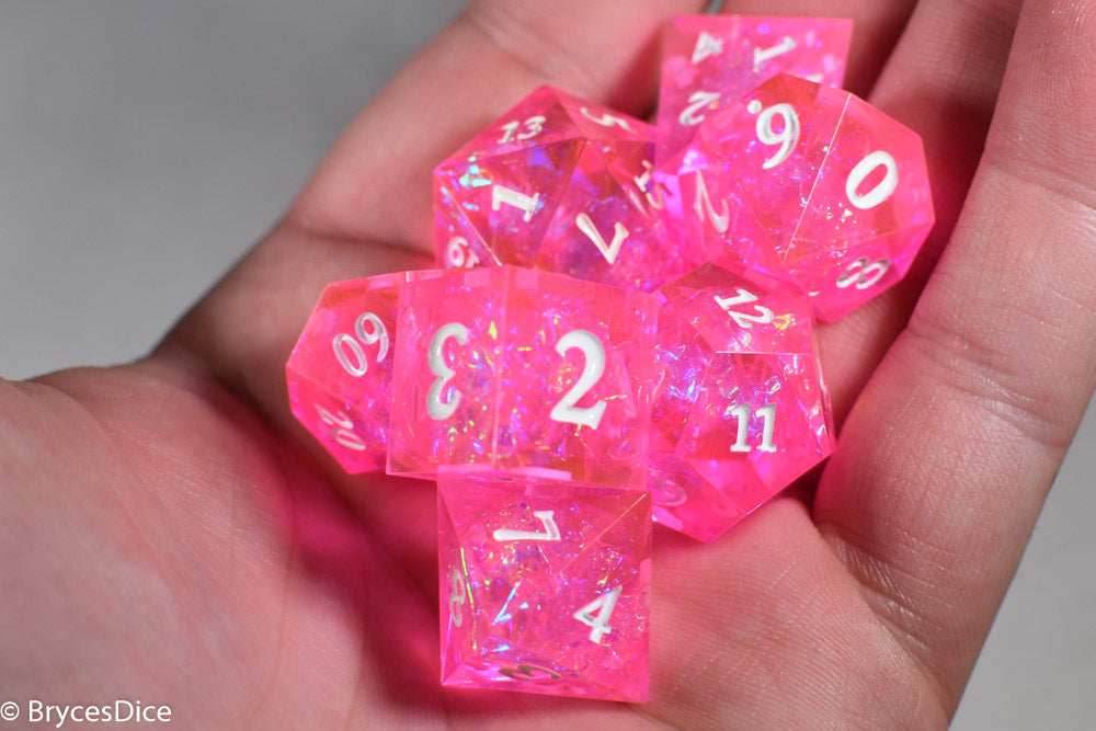 Fairy Flare Sharp Edge Resin 7-Dice Dice (Pink w/ White Numbers) - 