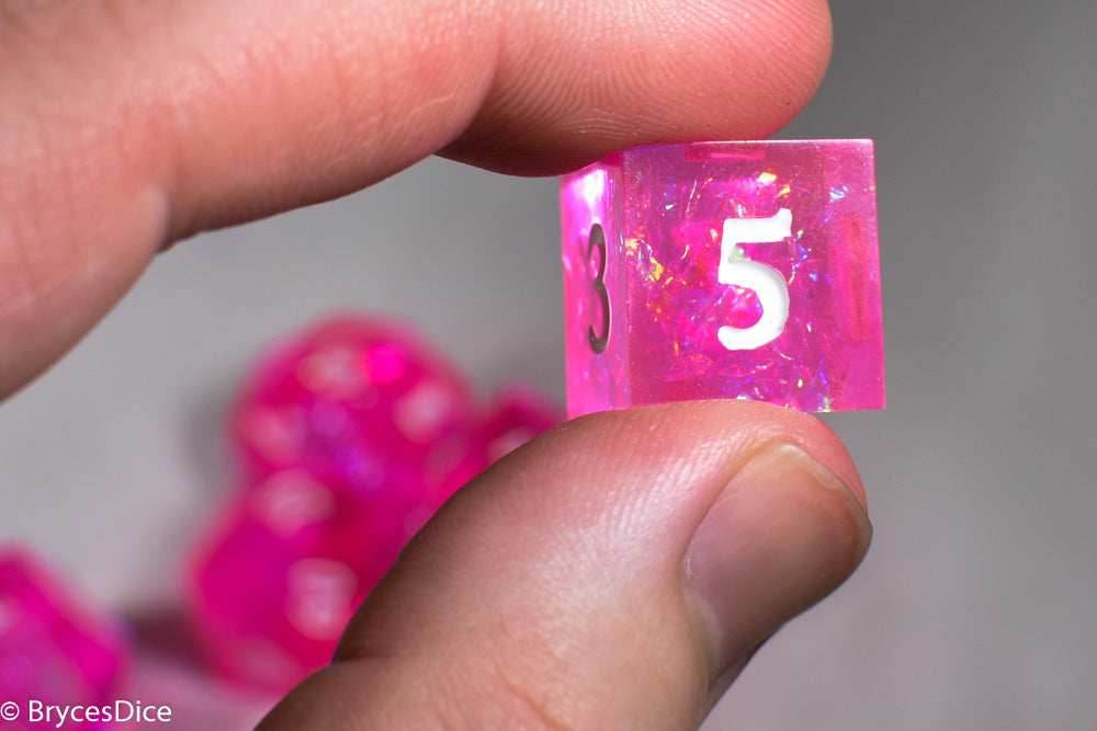 Fairy Flare Sharp Edge Resin 7-Dice Dice (Pink w/ White Numbers) - 