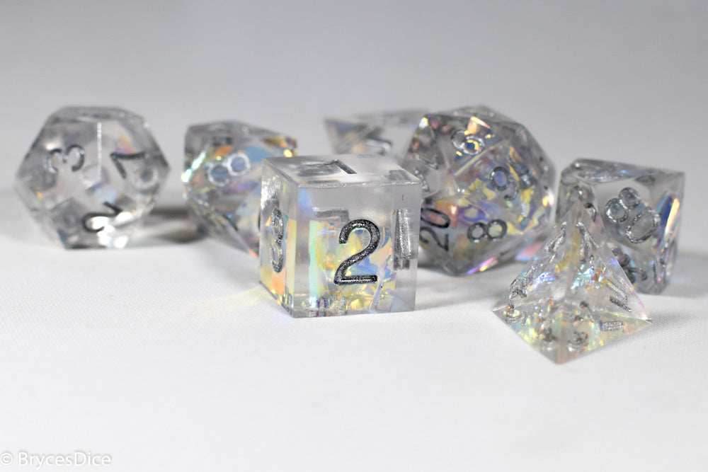 Pirates Crystal Sharp Edge Resin 7-Dice Set | Gold or Silver Ink (Clear) - Silver