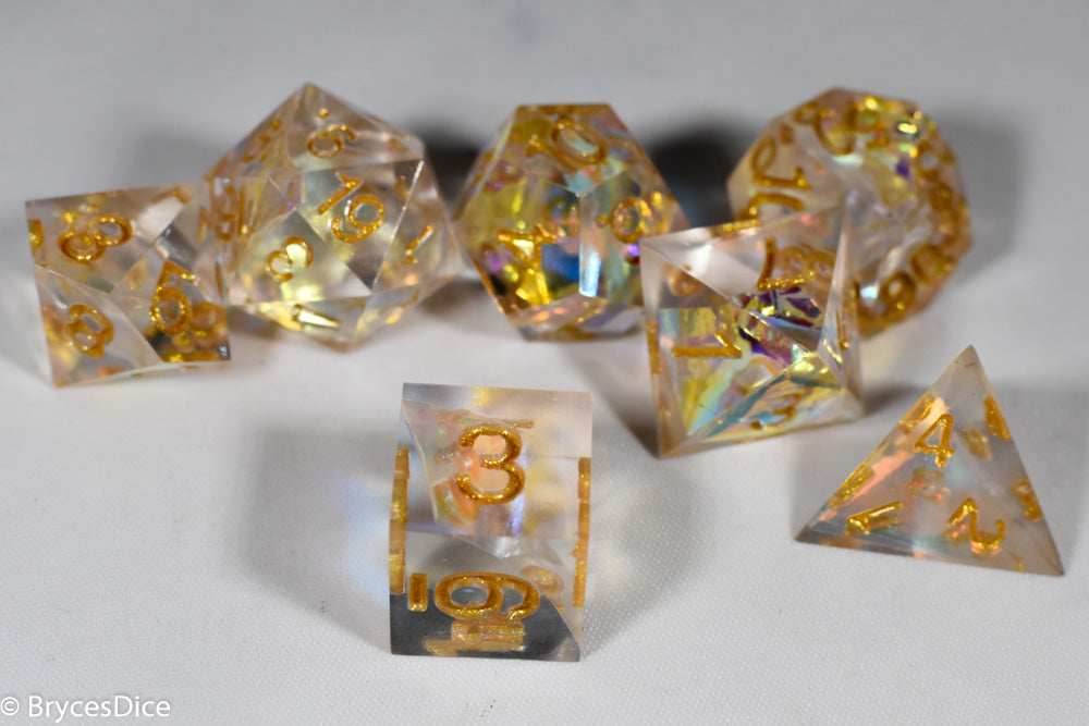 Pirates Crystal Sharp Edge Resin 7-Dice Set | Gold or Silver Ink (Clear) - Gold