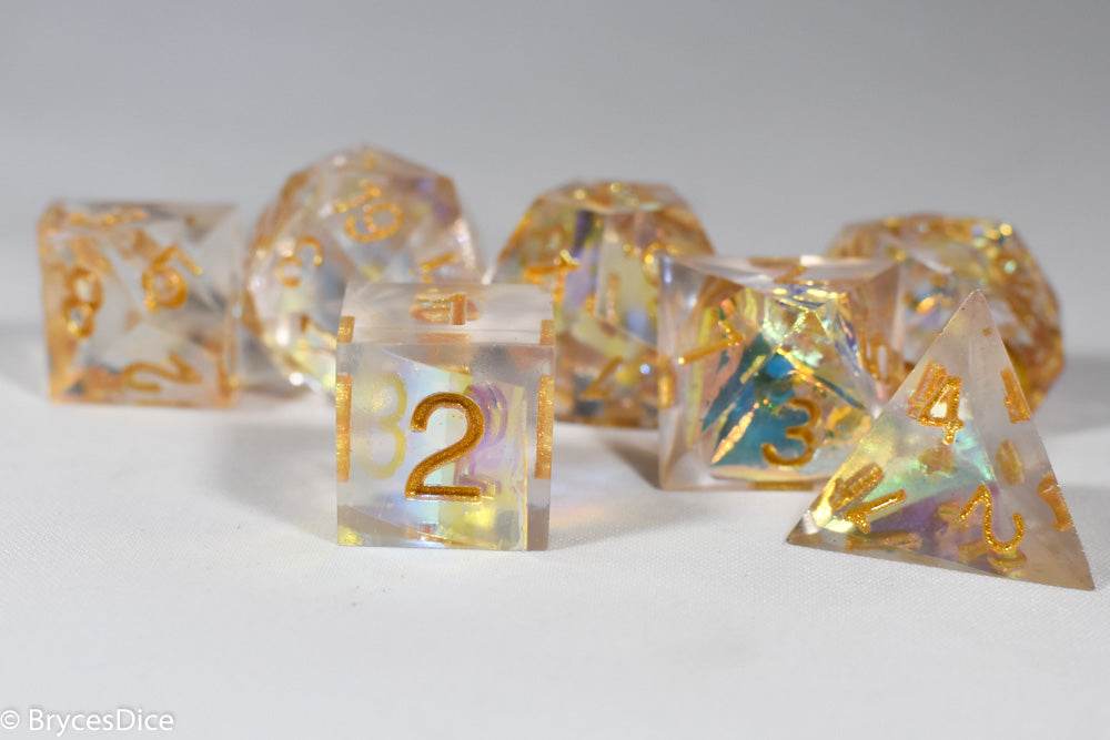 Pirates Crystal Sharp Edge Resin 7-Dice Set | Gold or Silver Ink (Clear) - Gold