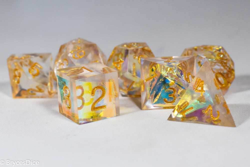 Pirates Crystal Sharp Edge Resin 7-Dice Set | Gold or Silver Ink (Clear) - Gold