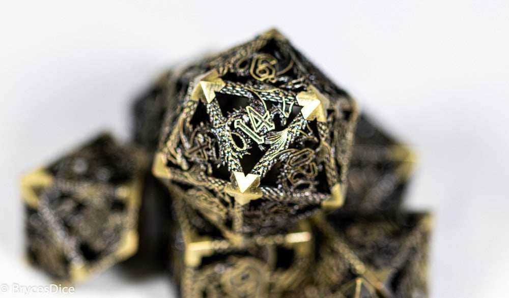 (Gold) Deadly Dragon Dice: Shards of Oblivion Hollow Metal - 7-Dice Set