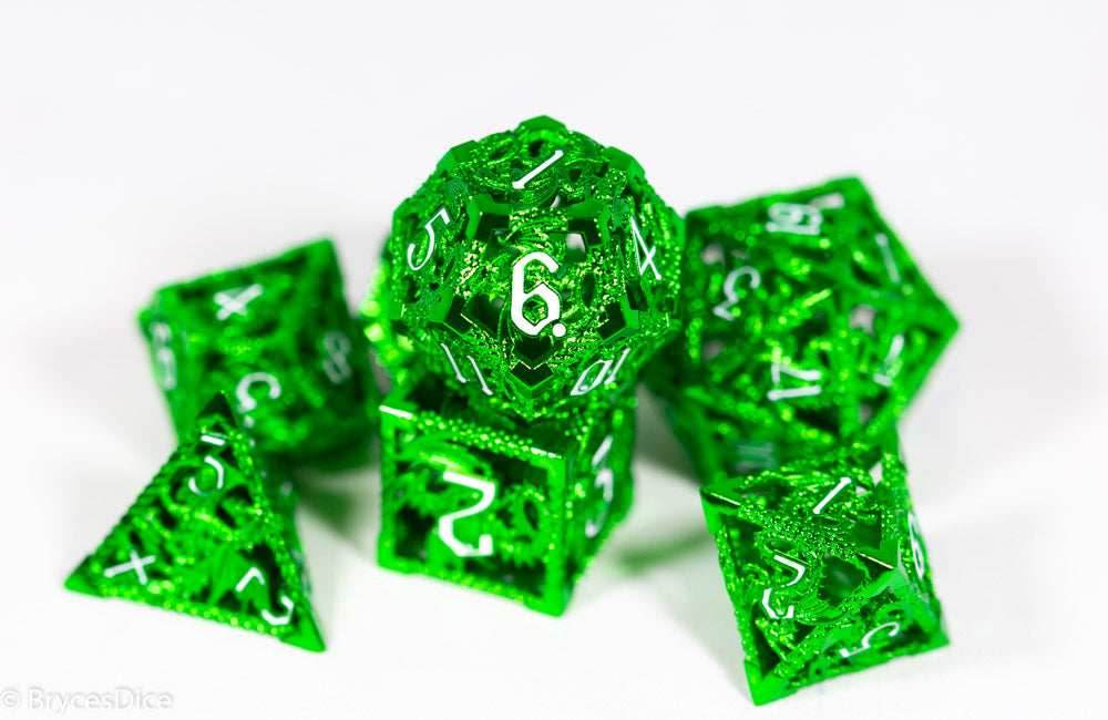 (Shimmering Green) Deadly Dragon Dice: Shards of Oblivion Hollow Metal - 7-Dice Set