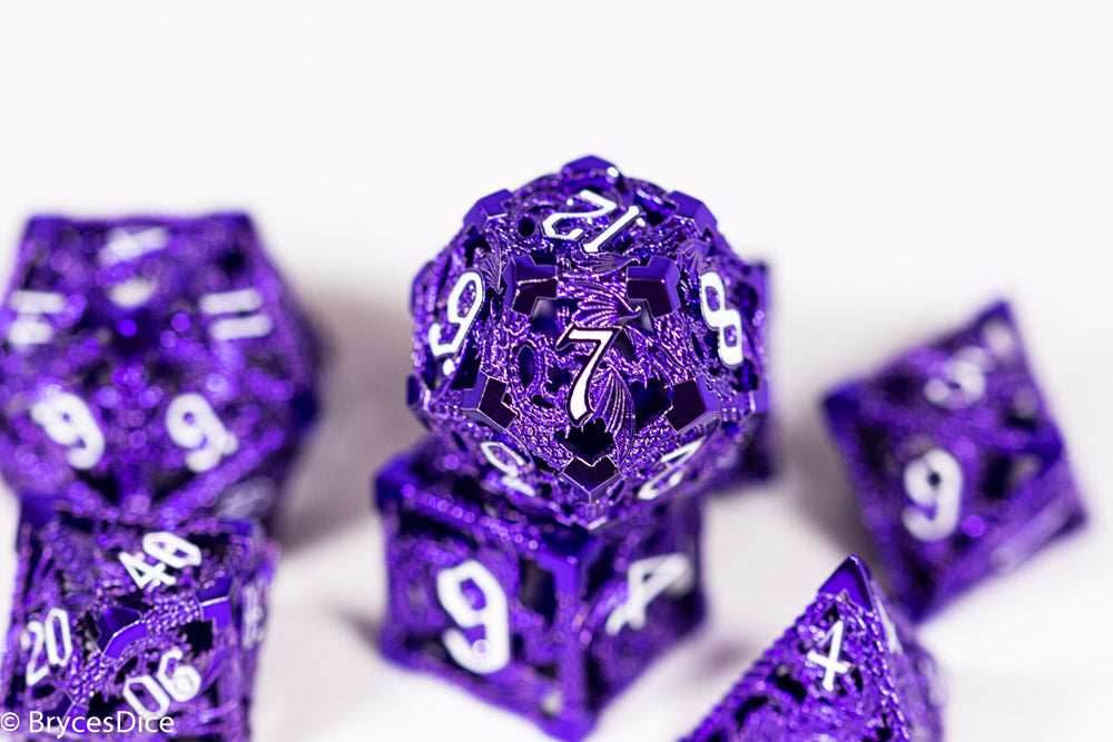(Powerful Purple) Deadly Dragon Dice: Shards of Oblivion Hollow Metal - 7-Dice Set