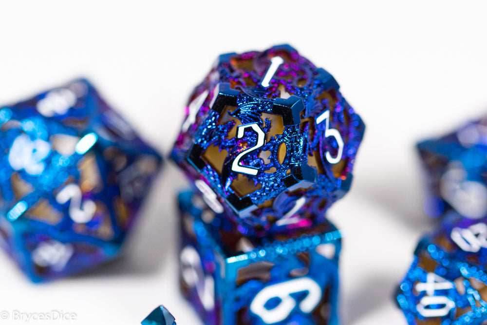 (Shimmering Blue) Deadly Dragon Dice: Shards of Oblivion Hollow Metal - 7-Dice Set