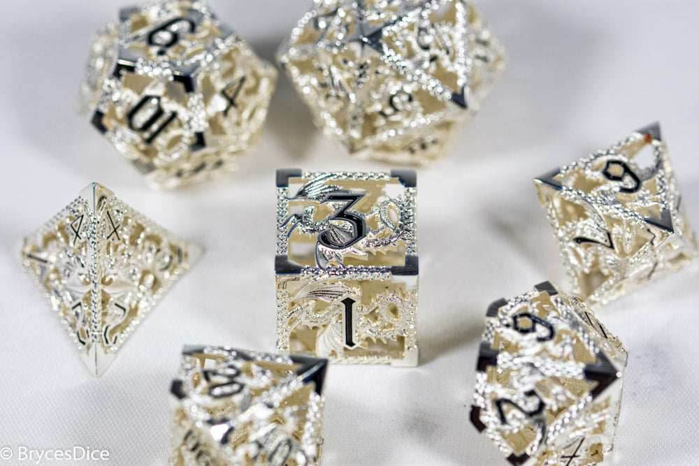 (Elvish White) Deadly Dragon Dice: Shards of Oblivion Hollow Metal - 7-Dice Set