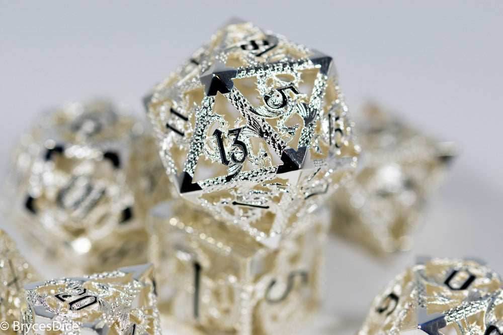 (Elvish White) Deadly Dragon Dice: Shards of Oblivion Hollow Metal - 7-Dice Set
