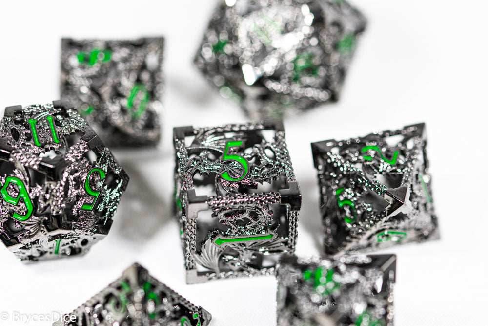 (Shimmering Silver) Deadly Dragon Dice: Shards of Oblivion Hollow Metal - 7-Dice Set