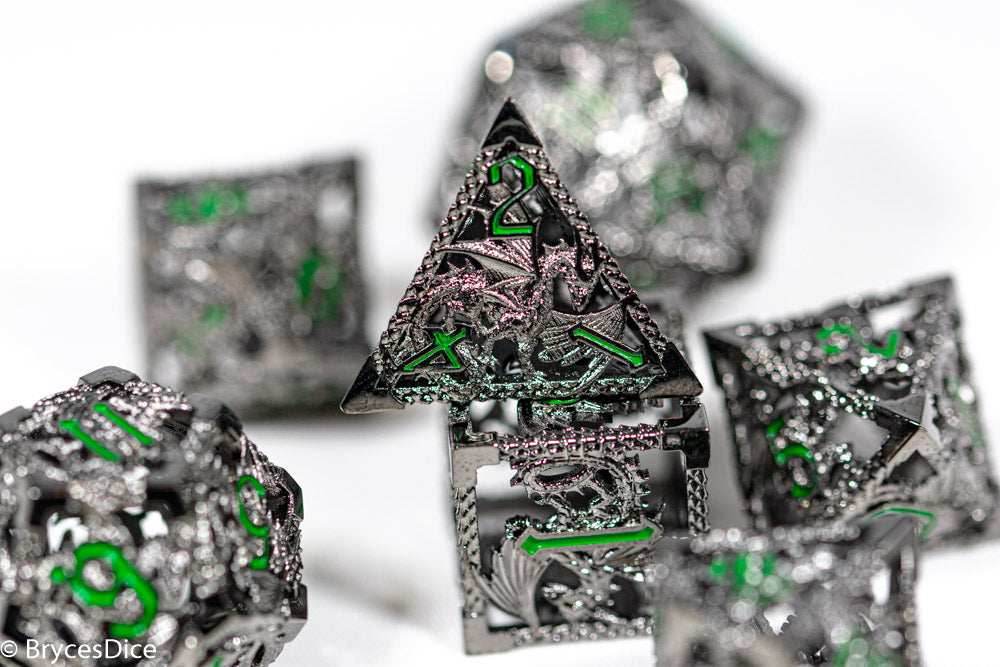 (Shimmering Silver) Deadly Dragon Dice: Shards of Oblivion Hollow Metal - 7-Dice Set