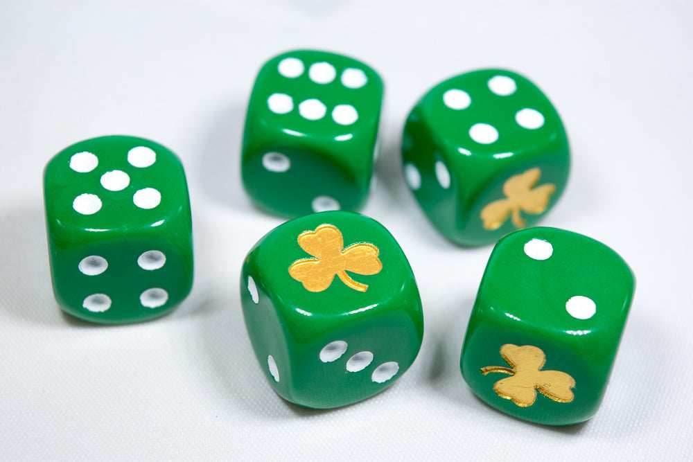 Gold Shamrock Opaque Green Die 16mm D6 Chessex Dice - with White Pips - 