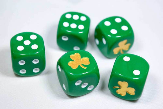 Gold Shamrock Opaque Green Die 16mm D6 Chessex Dice - with White Pips - 