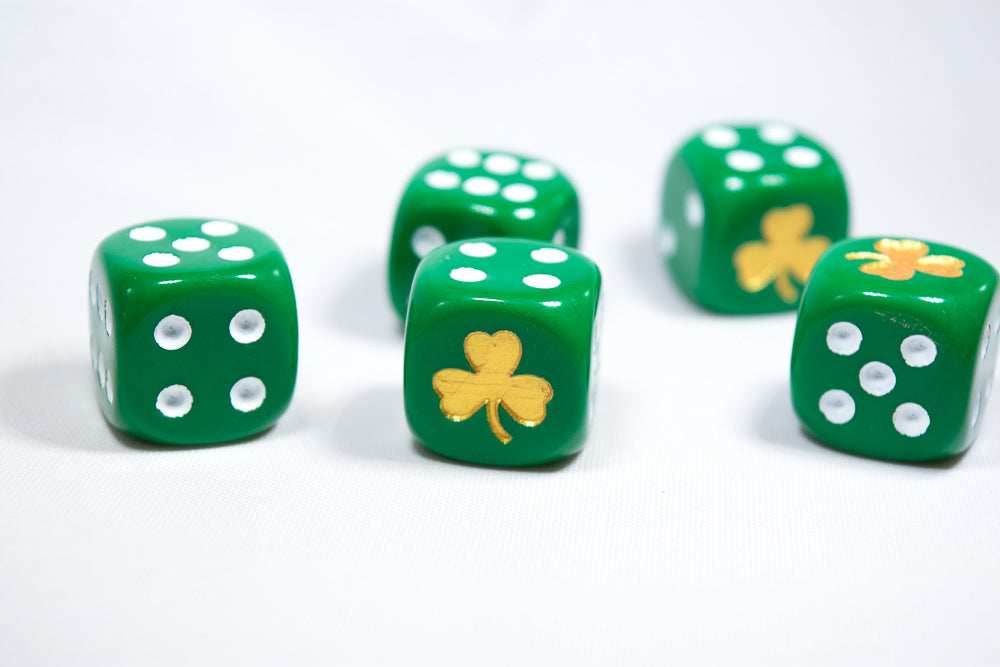 Gold Shamrock Opaque Green Die 16mm D6 Chessex Dice - with White Pips - 