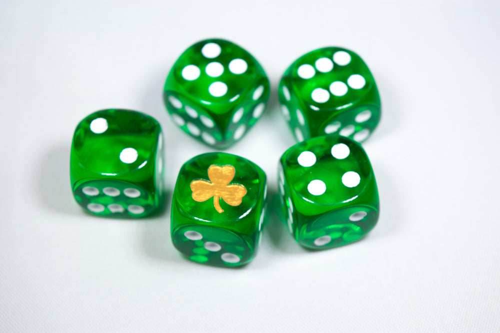 Gold Shamrock Translucent Green Die 16mm D6 Chessex Dice w/White Pips | Sold per die - 