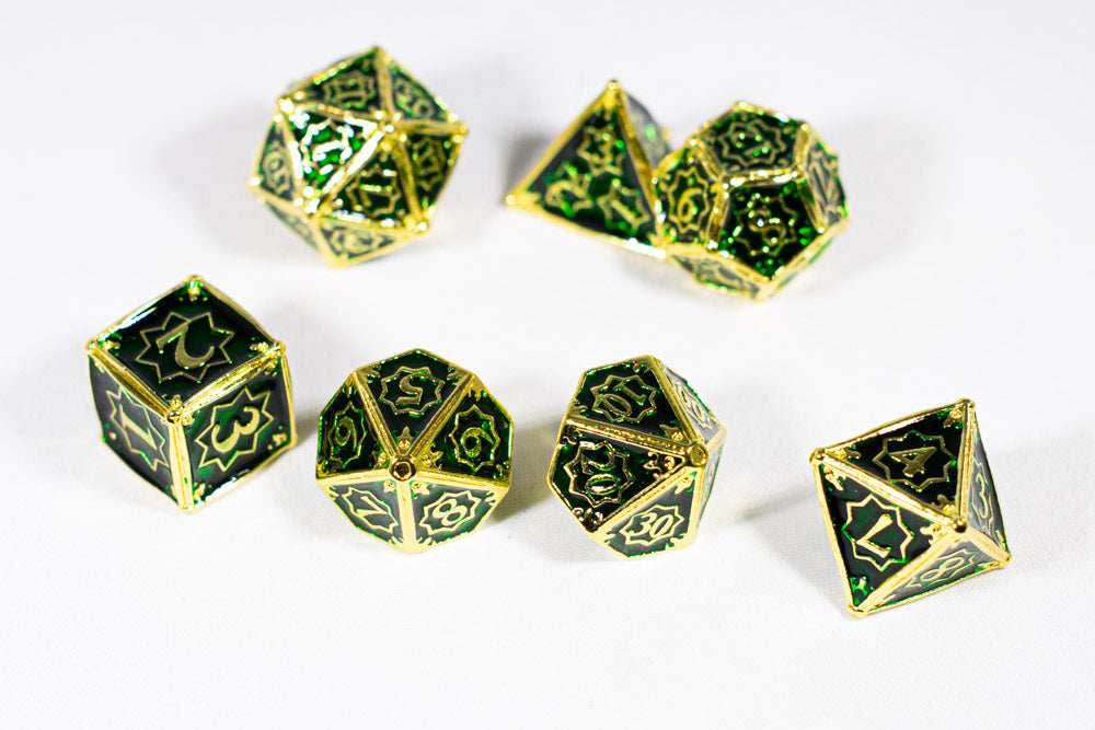 Celtic Shards 7-Dice Metal Set Gold w/ Green Fill {North Star Dice Collection} - 