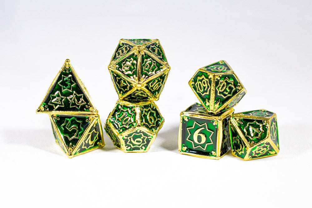 Celtic Shards 7-Dice Metal Set Gold w/ Green Fill {North Star Dice Collection} - 