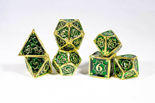 Celtic Shards 7-Dice Metal Set Gold w/ Green Fill {North Star Dice Collection} - 