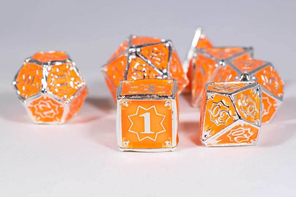 Orangesicle 7-Dice Metal Set Silver w/ Orange Fill {North Star Dice Collection} - 