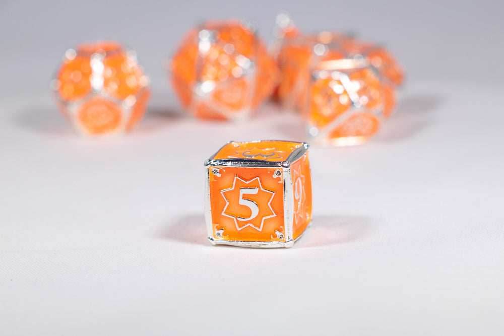 Orangesicle 7-Dice Metal Set Silver w/ Orange Fill {North Star Dice Collection} - 