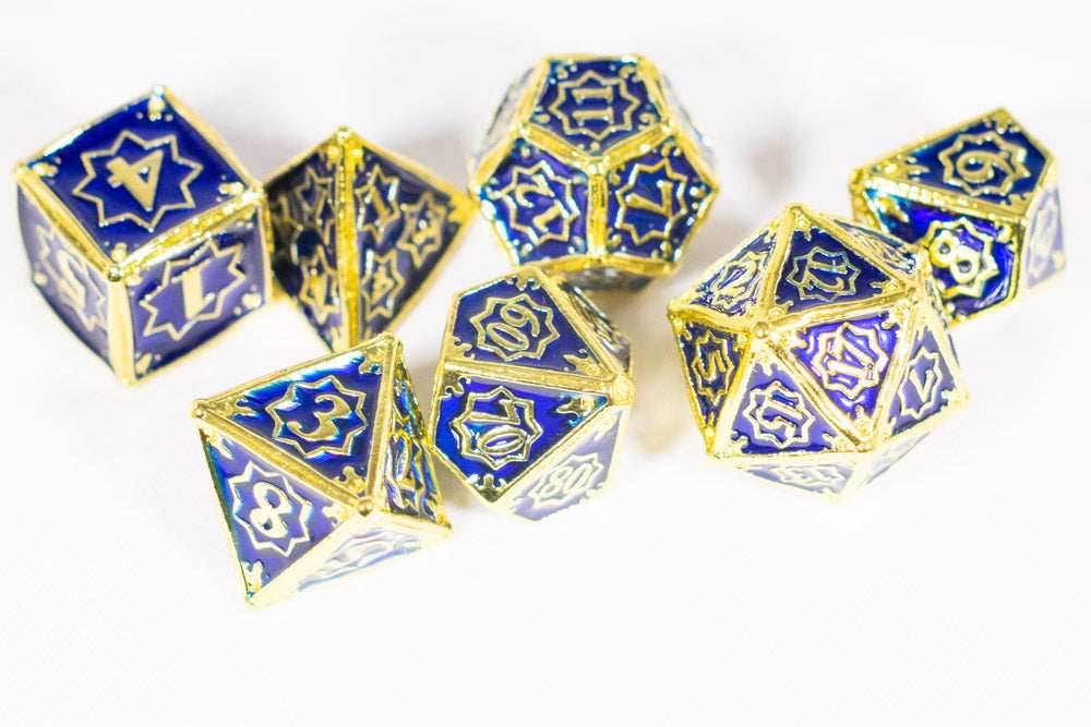 Space King 7-Dice Metal Set Gold w/ Blue Fill {North Star Dice Collection} - 