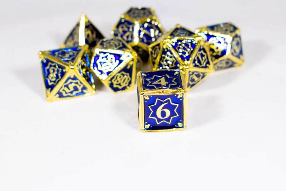 Space King 7-Dice Metal Set Gold w/ Blue Fill {North Star Dice Collection} - 