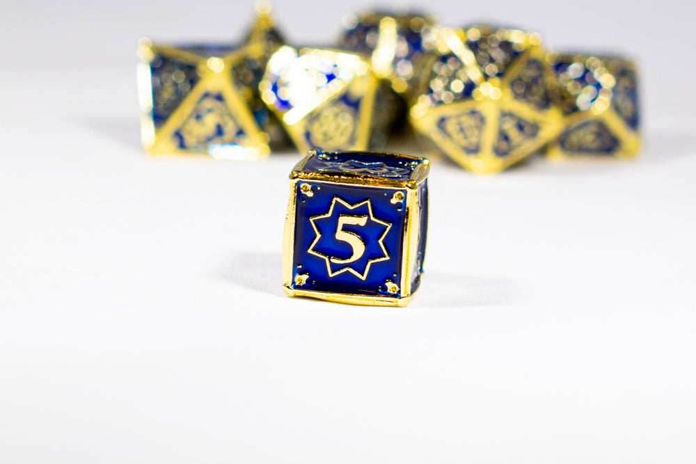 Space King 7-Dice Metal Set Gold w/ Blue Fill {North Star Dice Collection} - 