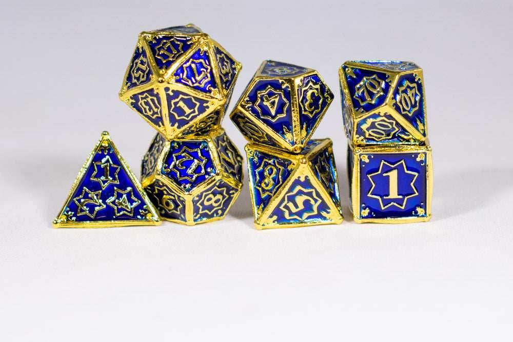 Space King 7-Dice Metal Set Gold w/ Blue Fill {North Star Dice Collection} - 