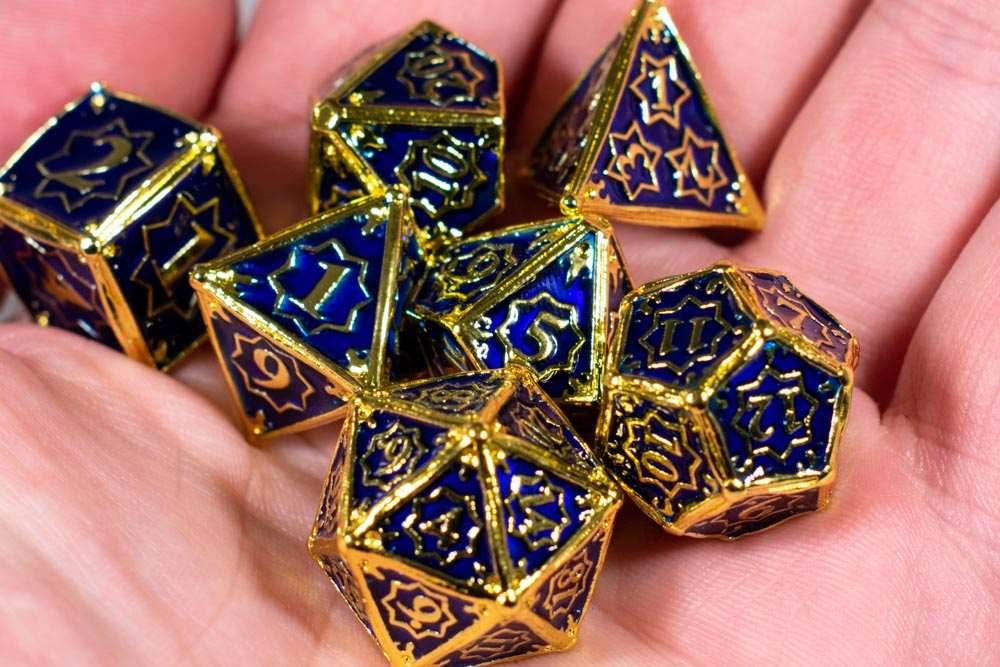 Space King 7-Dice Metal Set Gold w/ Blue Fill {North Star Dice Collection} - 