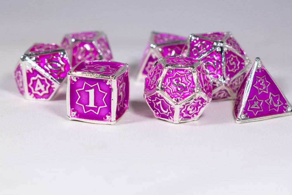 Pretty Paladin 7-Dice Metal Set Silver w/ Pink Fuschia Fill {North Star Dice Collection} - 