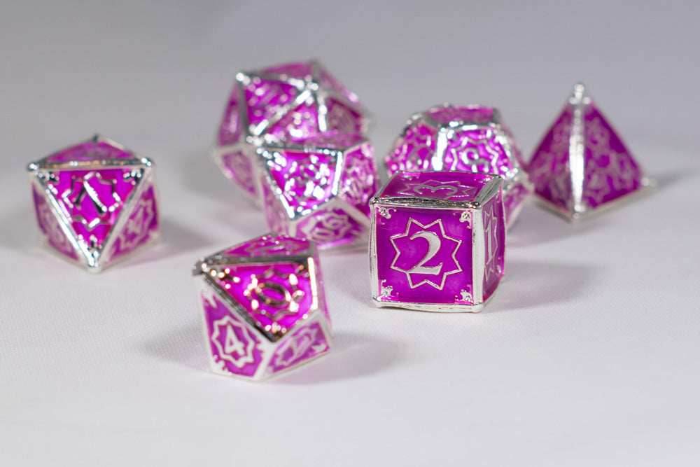 Pretty Paladin 7-Dice Metal Set Silver w/ Pink Fuschia Fill {North Star Dice Collection} - 