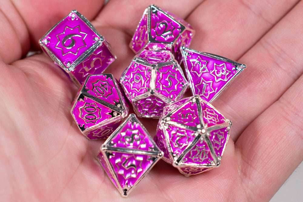 Pretty Paladin 7-Dice Metal Set Silver w/ Pink Fuschia Fill {North Star Dice Collection} - 
