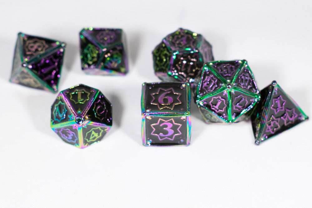 Dark Matter 7-Dice Metal Set Rainbow Metal w/ Black Fill {North Star Dice Collection} - 