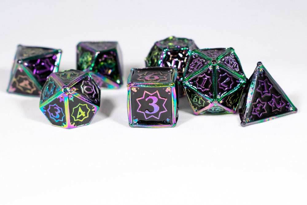 Dark Matter 7-Dice Metal Set Rainbow Metal w/ Black Fill {North Star Dice Collection} - 