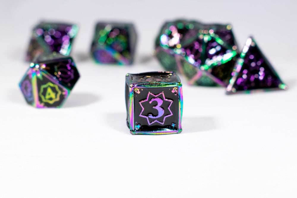 Dark Matter 7-Dice Metal Set Rainbow Metal w/ Black Fill {North Star Dice Collection} - 