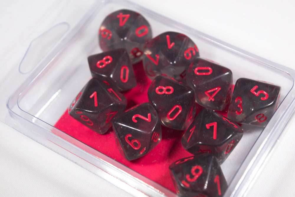 Translucent Smoke/red Set of Ten d10 Dice by Chessex CHX 23288 - 