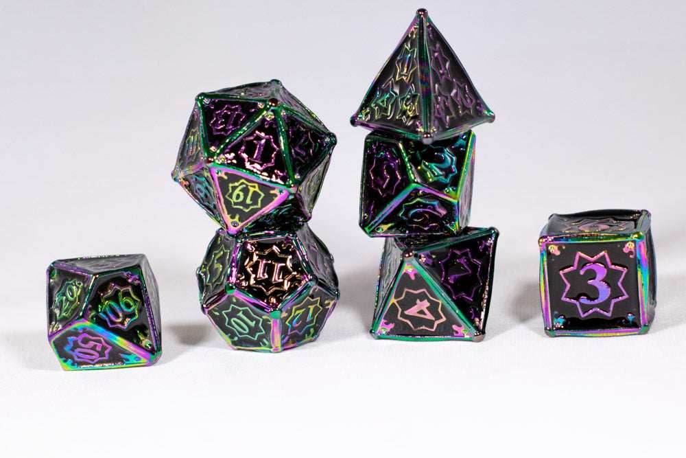 Dark Matter 7-Dice Metal Set Rainbow Metal w/ Black Fill {North Star Dice Collection} - 