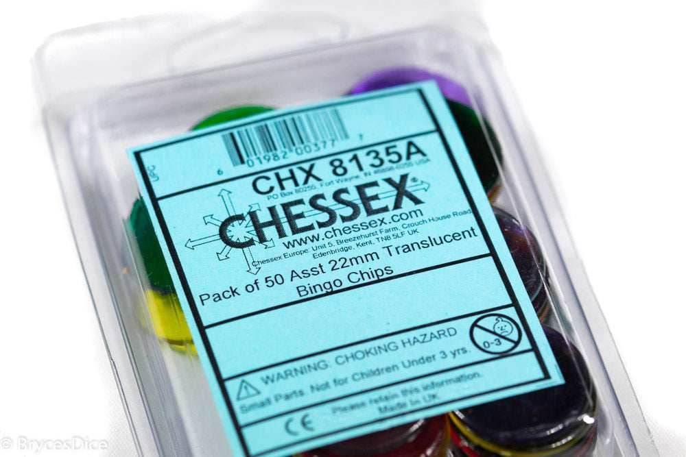 Pack of 50 Assorted 22mm Translucent Bingo Chips by Chessex - 