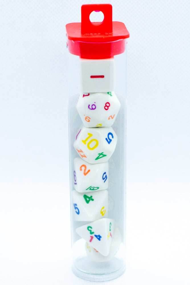 Rainbow Polyhedral Dice 7-Dice Piece Set White w/ Rainbow Color Numbers - 