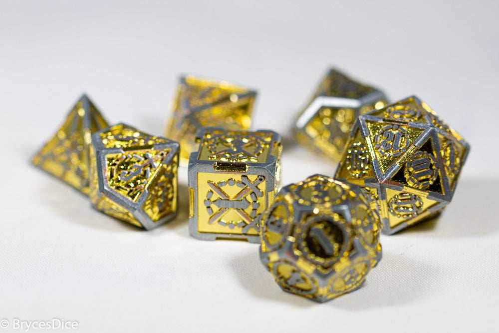 Silver w/Gold Inlay Sword Strengthened Metal 7-Dice Set - 