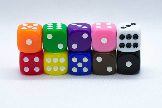 Opaque 16mm Pipped d6 Dice Red/Orange/Yellow/Green/Blue/Purple/White/Black/Pink (sold by the piece) - Red