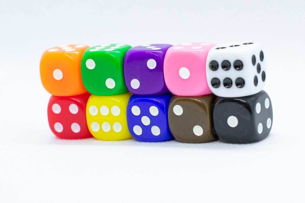 Opaque 16mm Pipped d6 Dice Red/Orange/Yellow/Green/Blue/Purple/White/Black/Pink (sold by the piece) - Rainbow 10-Pack