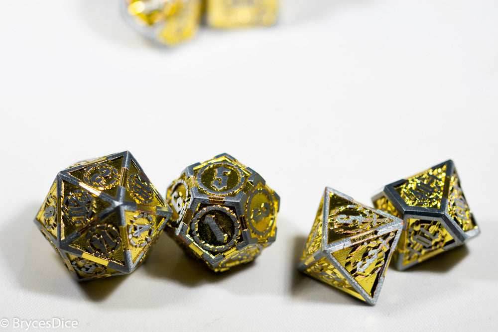 Silver w/Gold Inlay Sword Strengthened Metal 7-Dice Set - 