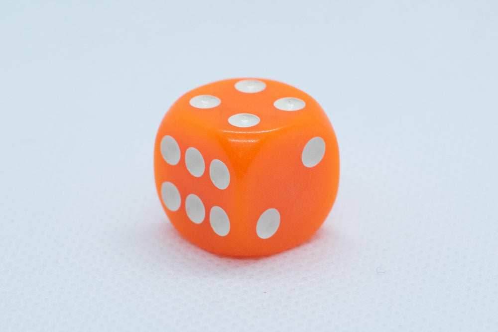 Opaque 16mm Pipped d6 Dice Red/Orange/Yellow/Green/Blue/Purple/White/Black/Pink (sold by the piece) - Orange