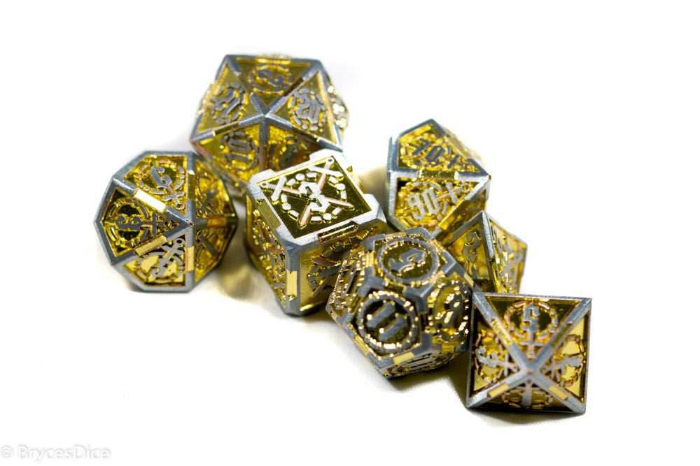 Silver w/Gold Inlay Sword Strengthened Metal 7-Dice Set - 