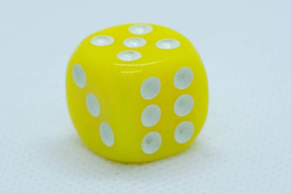 Opaque 16mm Pipped d6 Dice Red/Orange/Yellow/Green/Blue/Purple/White/Black/Pink (sold by the piece) - Yellow