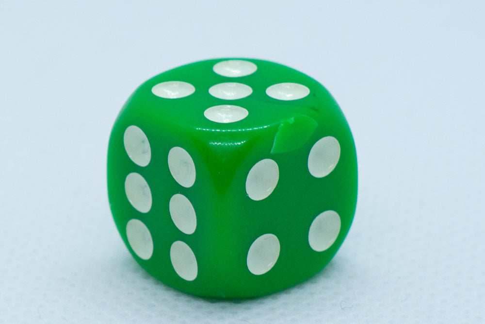 Opaque 16mm Pipped d6 Dice Red/Orange/Yellow/Green/Blue/Purple/White/Black/Pink (sold by the piece) - Green