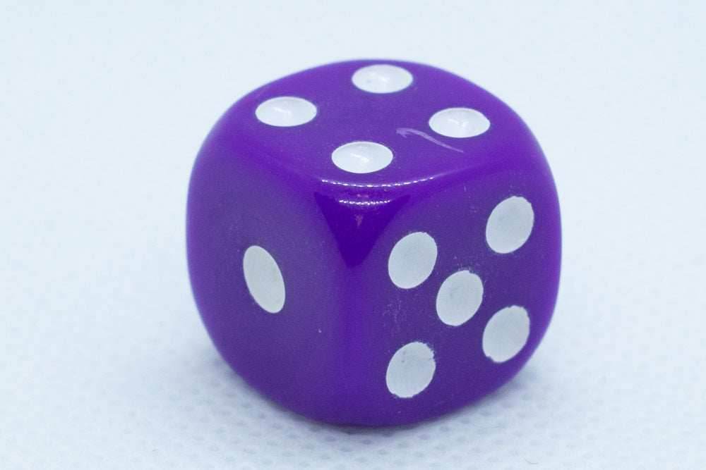 Opaque 16mm Pipped d6 Dice Red/Orange/Yellow/Green/Blue/Purple/White/Black/Pink (sold by the piece) - Purple
