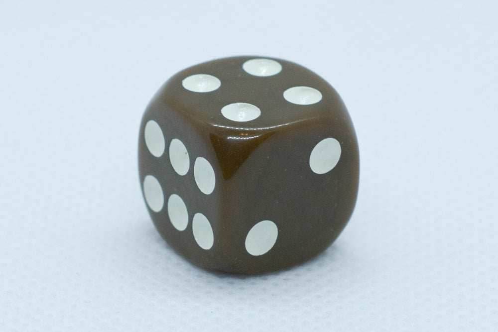 Opaque 16mm Pipped d6 Dice Red/Orange/Yellow/Green/Blue/Purple/White/Black/Pink (sold by the piece) - Brown