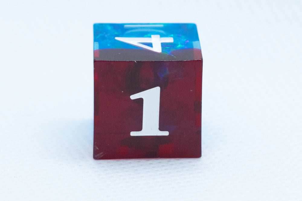 Blue on Red Sharp Edge Resin d6 / d20-Dice (Blue- Red w/ White Numbers) - d6