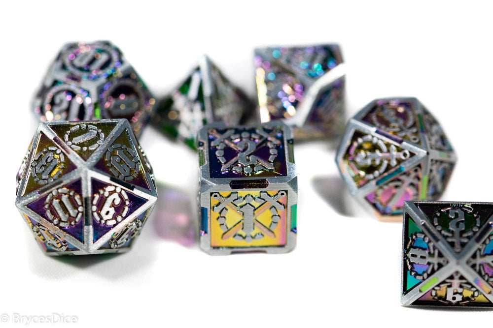 Silver w/Rainbow Inlay Sword Strengthened Metal 7-Dice Set - 